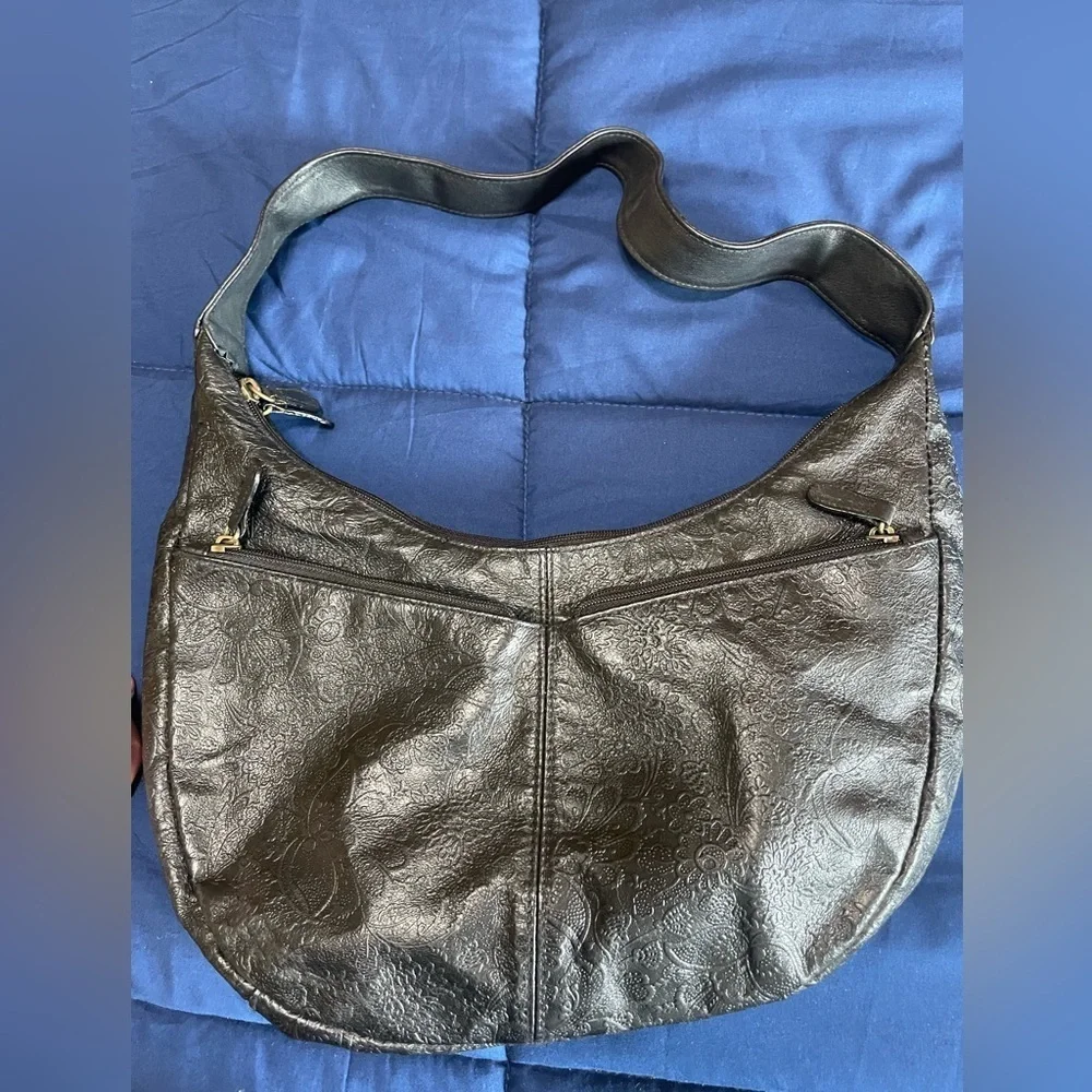 Great American Leather Works Black Purse/Hobo/Bag Imprinted Floral Pattern - Picture 1 of 10